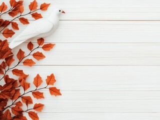 White Bird and Autumn Leaves on Wooden Background for Seasonal Decor