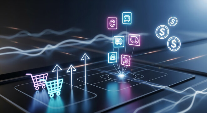 Illuminated shopping cart, upward arrows and online shopping icon on a dark reflective surface, representing e-commerce, growth, and digital retail - Powered by Adobe