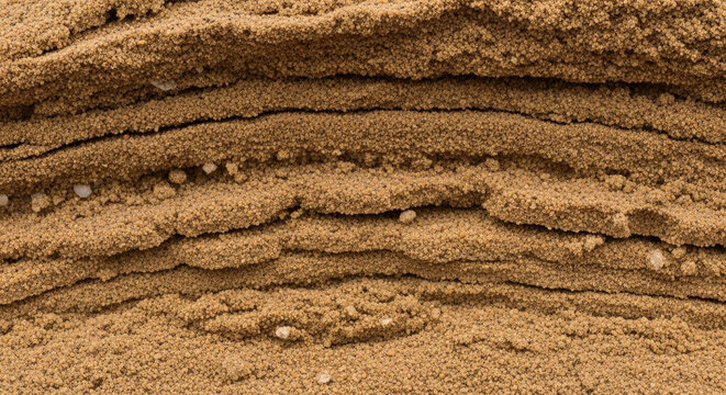 Natural sand layers forming horizontal sediment patterns and textures in earth, showcasing geological stratification and organic detail