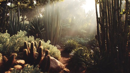Desert botanical garden basking in the radiant sun's luminescence atmosphere