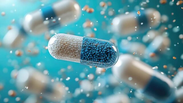 A collection of pills suspended in the air, often used in scenes where medicine or healthcare is relevant