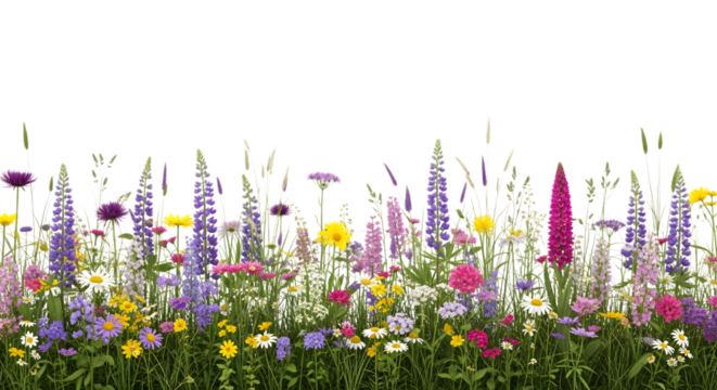 Diverse colorful wildflowers and green grass border with tall lupine and daisy blooms isolated on a transparent background - Powered by Adobe