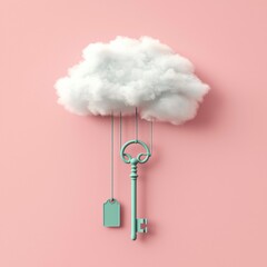 Dreamy Cloud with Key Hanging and Tag in Soft Pastel Background