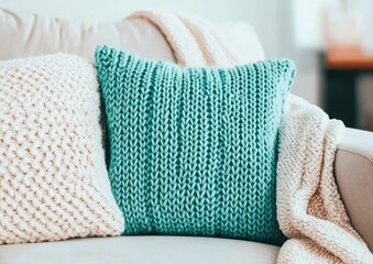 Cozy Knit Cushions and Blanket in Bright Living Room Setting