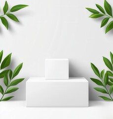 Minimalist Display with Green Leaves and White Pedestal Background
