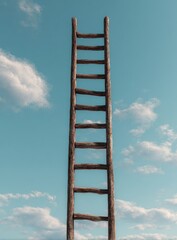 Rustic wooden ladder extends towards fluffy clouds against a clear blue sky
