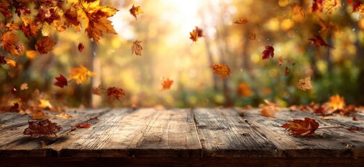 Wooden table with falling autumn leaves against a blurred forest background