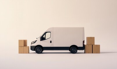 White Delivery Van with Cardboard Boxes on an Empty Background