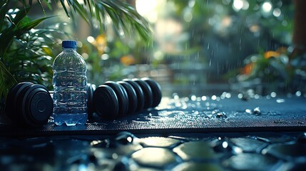 Workout set with water in rainy garden.
