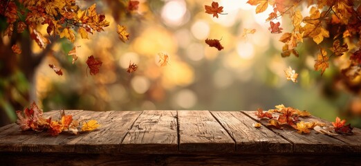 Empty rustic wooden table with falling autumn leaves and blurred foliage background