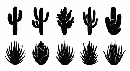 Collection of various desert plants and cacti silhouettes.