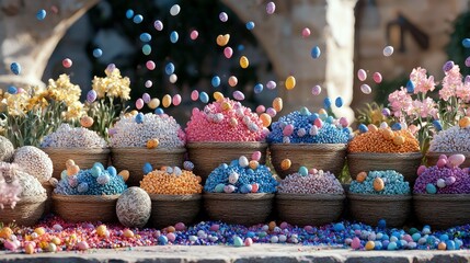 A vibrant Easter display features numerous baskets overflowing with colorful candies and decorative eggs, with more eggs falling from above.