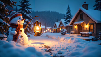Friendly snowman with scarf holding vintage lantern in snowy village with cozy wooden houses for Christmas and winter holiday