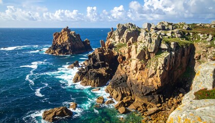 A coastal landscape features rugged cliffs meeting the foamy blue ocean under a bright, cloud-dotted sky on a sunny day