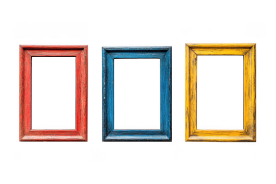 Three colorful empty picture frames isolated on transparent background