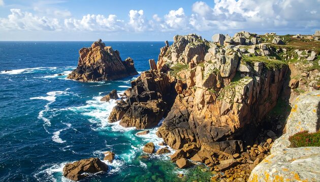 A coastal landscape features rugged cliffs meeting the foamy blue ocean under a bright, cloud-dotted sky on a sunny day