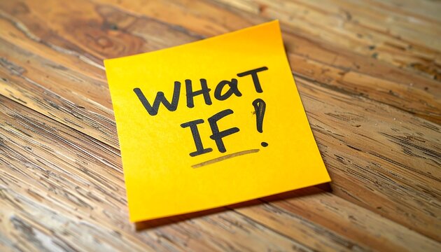 A close-up shot of a yellow sticky note, handwritten with "WHAT IF!" in black marker. The note rests on a wooden surface