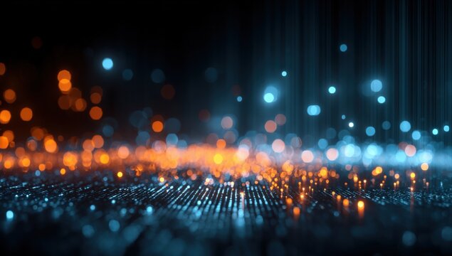 Abstract glowing particles in a digital, dark, futuristic environment