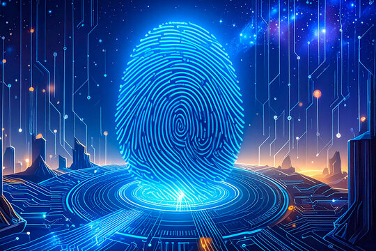 Digital fingerprint concept: abstract blue technology background with a human brain illustration and fractal security design element