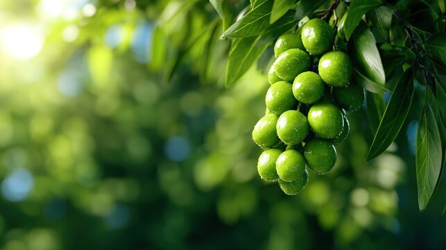 Close-up of green grapes with droplets, bright sunlight filtering through lush leaves.