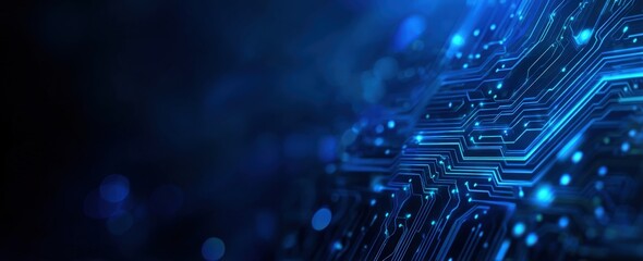 Abstract digital blue circuit board with glowing lights, technology background