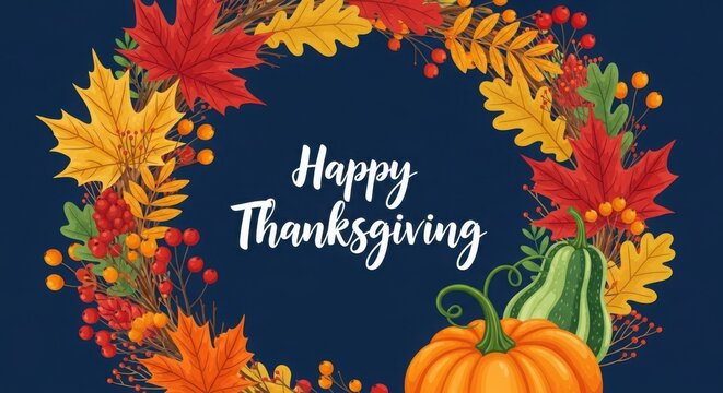 Happy thanksgiving autumn wreath with pumpkin, gourde and berries