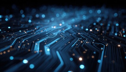 Glowing blue circuits with orange sparks on a dark background