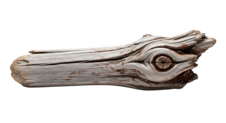 Weathered driftwood with a knot resembling an eye isolated on transparent background