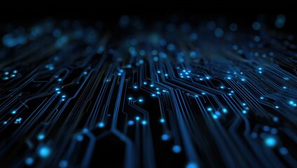 Abstract futuristic glowing digital circuitry with blue lights on black background
