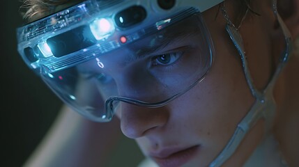 Focused young man wearing augmented reality headset in a dim futuristic ambiance