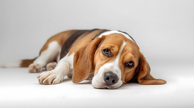Sad or Tired Beagle Dog Lying Down with Head Resting on Floor