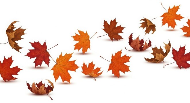 Autumn fall leaves scattered with shadows on a white background