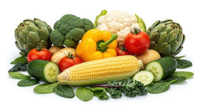 Fresh vibrant colorful harvest of raw vegetables on white surface - Powered by Adobe