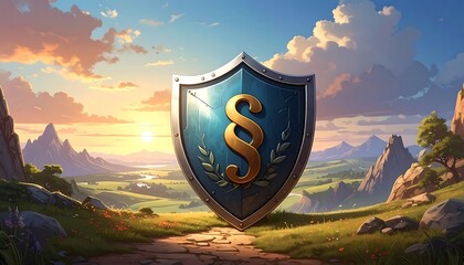 Majestic shield with section symbol stands guard over a serene landscape.