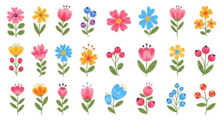 Cute cartoon flowers and berries collection on white background