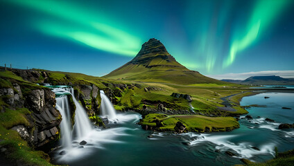Majestic kirkjufell mountain and waterfall under vibrant green aurora borealis
