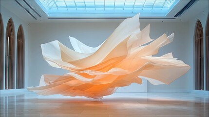 A large, abstract sculpture made of flowing, translucent fabric in shades of orange and white, suspended in a minimalist gallery space.