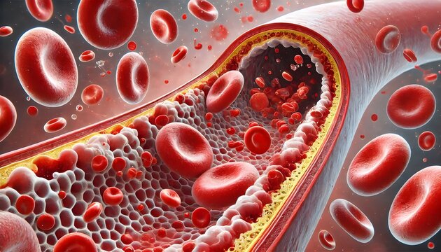Artery with cholesterol buildup and red blood cells, illustrating heart disease risk.