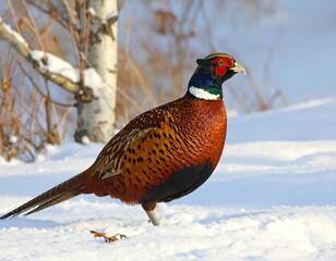 A colorful male bird with vibrant plumage, standing in fresh snow with a birch tree behind it, basking in sunlight
