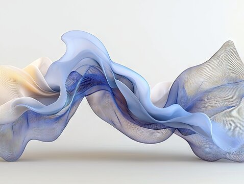 A dynamic, flowing wave of sheer fabric in shades of blue and white, with subtle golden light, moves gracefully against a plain white background. - Powered by Adobe