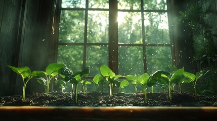 Young plants in sunlight by window.