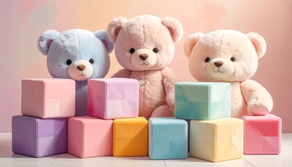 Three plush teddy bears, each a different pastel hue, pose with stacked, colorful blocks in a soft, diffused lighting