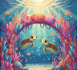 Fototapeta premium CHILDREN'S STORYBOOK STYLE ILLUSTRATION OF THE BEAUTIFUL LIFE OF TURTLES ON THE OCEAN BOTTOM WITH COLORFUL CORAL AND BLUE SEA WATER 