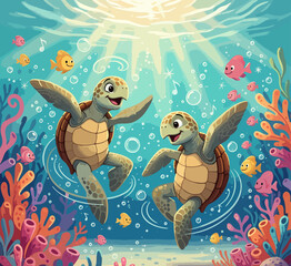 Fototapeta premium CHILDREN'S STORYBOOK STYLE ILLUSTRATION OF THE BEAUTIFUL LIFE OF TURTLES ON THE OCEAN BOTTOM WITH COLORFUL CORAL AND BLUE SEA WATER 