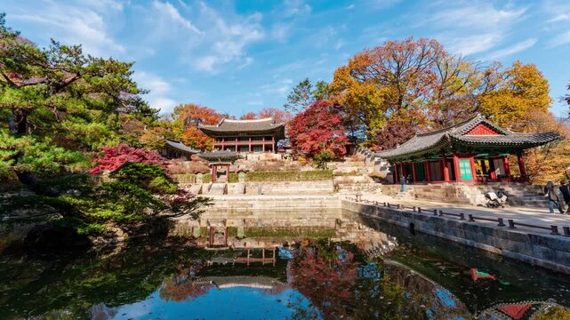 zoom in antumn scenery of juhamun pavilion of secret garden changdeokgung palace seoul south korea