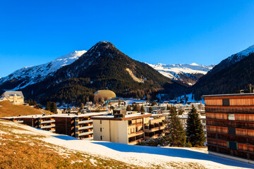 View of famous Davos city in Switzerland at winter