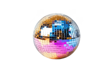 Shiny disco ball reflecting colorful lights isolated on transparent background