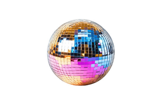 Shiny disco ball reflecting colorful lights isolated on transparent background