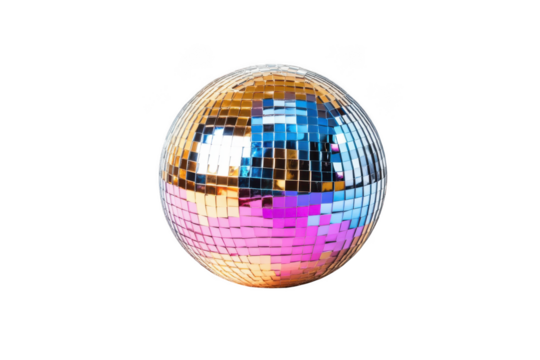 Shiny disco ball reflecting colorful lights isolated on transparent background