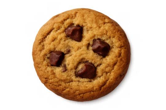 Chocolate chip cookie on transparent background, a sweet baked dessert snack fresh from the oven, top view